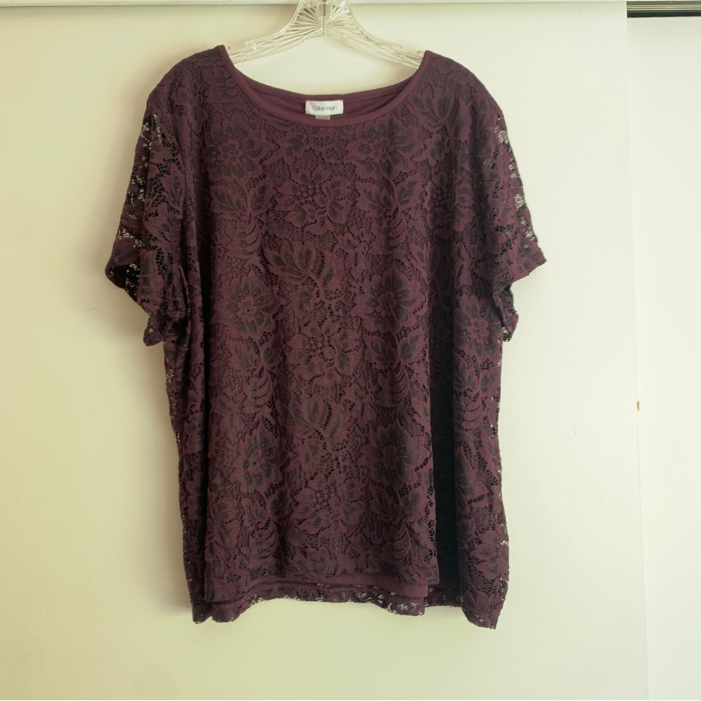 NWT Calvin Klein deep purple lace overlay short sleeve t-shirt top